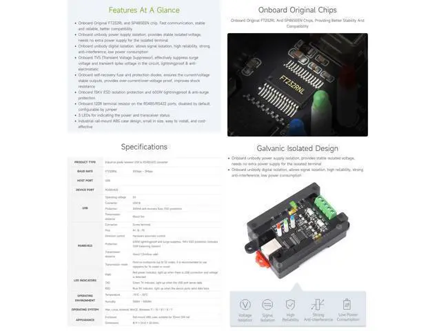 Alt view image 4 of 5 - Waveshare 2PCS USB to RS485/422 Industrial Grade Isolated Converter, Onboard Original FT232RL and SP485EEN, Multiple Protection, Wall-Mount and Rail-Mount Support