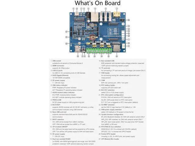 Alt view image 5 of 5 - waveshare Industrial IoT 5G/4G/LoRa Wireless Expansion Board with UPS Module for Raspberry Pi Compute Module 4 Lite/eMMC Series, with CSI/HDMI/USB/Gigabit Ethernet/CAN / RS485 / M.2 B Key Interfaces