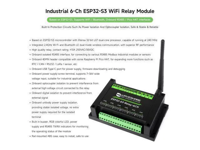 Alt view image 3 of 5 - Waveshare Industrial 6-Channel ESP32-S3 WiFi Relay Module, Supports WiFi/Bluetooth/RS485 Control, Onboard RS485 / Pico HAT Interfaces, with Multiple Isolation Protection Circuits