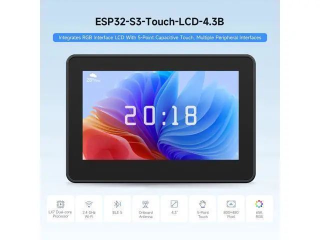 Alt view image 3 of 5 - Waveshare ESP32-S3 4.3inch Capacitive Touch Display Development Board B, 800x480 Resolution, 5-Point Touch, 32-Bit LX7 Dual-Core Processor, 240MHz Frequency, with Onboard Antenna and Plastic Case