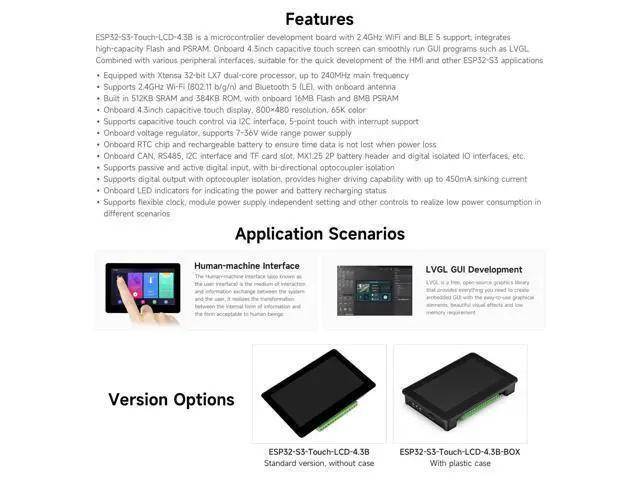 Alt view image 4 of 5 - Waveshare ESP32-S3 4.3inch Capacitive Touch Display Development Board B, 800x480 Resolution, 5-Point Touch, 32-Bit LX7 Dual-Core Processor, 240MHz Frequency, with Onboard Antenna and Plastic Case
