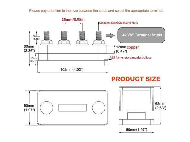 Alt view image 4 of 5 - Gloaso 600A Bus Bar Copper 12V-48V, Heavy Duty Module 4 x 3/8" Posts Terminals Busbar Power Distribution Block, DC Battery Buss Bar M10 Negative Ground for RV Solar Car Boat Marine Truck, Black