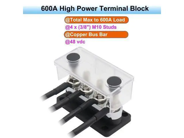 Alt view image 2 of 5 - Gloaso 600A Bus Bar Copper 12V-48V, Heavy Duty Module 4 x 3/8" Posts Terminals Busbar Power Distribution Block, DC Battery Buss Bar M10 Negative Ground for RV Solar Car Boat Marine Truck, Black