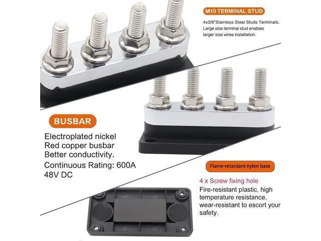 Alt view image 5 of 5 - Gloaso 600A Bus Bar Copper 12V-48V, Heavy Duty Module 4 x 3/8" Posts Terminals Busbar Power Distribution Block, DC Battery Buss Bar M10 Negative Ground for RV Solar Car Boat Marine Truck, Black