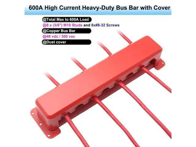 Alt view image 2 of 5 - Gloaso Bus Bar Copper 12V-48V DC /300V AC 600A Large Busbar with 8 X 3/8"(M10) Posts Terminals Power Distribution Block, Heavy Duty Battery Buss Bar Module Powerbar 600 Amp with Cover, Red