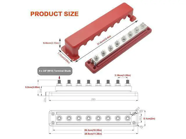 Alt view image 3 of 5 - Gloaso Bus Bar Copper 12V-48V DC /300V AC 600A Large Busbar with 8 X 3/8"(M10) Posts Terminals Power Distribution Block, Heavy Duty Battery Buss Bar Module Powerbar 600 Amp with Cover, Red