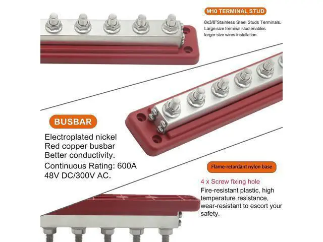 Alt view image 4 of 5 - Gloaso Bus Bar Copper 12V-48V DC /300V AC 600A Large Busbar with 8 X 3/8"(M10) Posts Terminals Power Distribution Block, Heavy Duty Battery Buss Bar Module Powerbar 600 Amp with Cover, Red