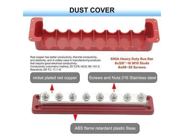 Alt view image 5 of 5 - Gloaso Bus Bar Copper 12V-48V DC /300V AC 600A Large Busbar with 8 X 3/8"(M10) Posts Terminals Power Distribution Block, Heavy Duty Battery Buss Bar Module Powerbar 600 Amp with Cover, Red