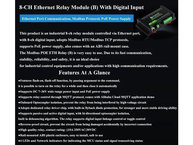 Alt view image 2 of 5 - 8-CH Relay Module via Ethernet with Digital Input, Adopt Modbus RTU/Modbus TCP Protocol, Supports PoE Power Supply/DC Power Port/Screw Terminal/DC 7~36V Wide Range Power Input