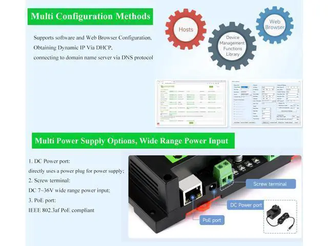 Alt view image 4 of 5 - 8-CH Relay Module via Ethernet with Digital Input, Adopt Modbus RTU/Modbus TCP Protocol, Supports PoE Power Supply/DC Power Port/Screw Terminal/DC 7~36V Wide Range Power Input