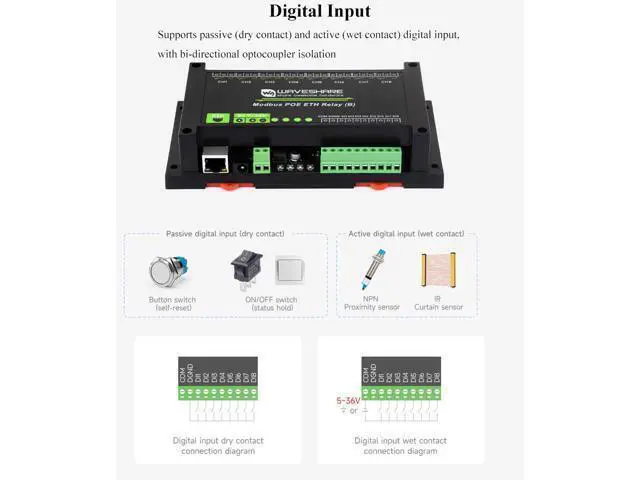 Alt view image 5 of 5 - 8-CH Relay Module via Ethernet with Digital Input, Adopt Modbus RTU/Modbus TCP Protocol, Supports PoE Power Supply/DC Power Port/Screw Terminal/DC 7~36V Wide Range Power Input