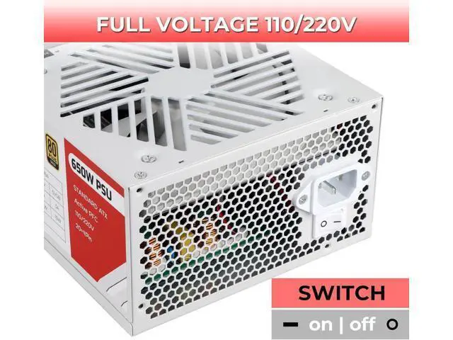 Alt view image 3 of 7 - Power Supply 650W Standard ATX PC PSU 80 Plus Gold Non Modular Full Voltage 110-240V Active PFC with 20+4Pin Motherboard Power Cable for Desktop Gaming Server White