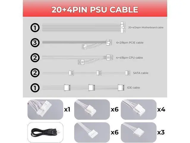 Alt view image 5 of 7 - Power Supply 650W Standard ATX PC PSU 80 Plus Gold Non Modular Full Voltage 110-240V Active PFC with 20+4Pin Motherboard Power Cable for Desktop Gaming Server White