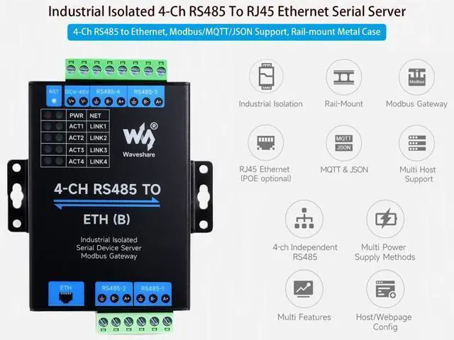 Alt view image 2 of 5 - Rail-Mount Industrial Isolated Serial Module 4-Ch RS485 to RJ45 Ethernet Serial Server Adapter, 4-CH Independent RS485, Support Modbus Gateway/MQTT/JSON, Bi-Directional Transparent Transmission