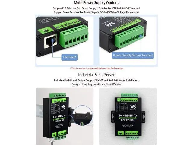 Alt view image 4 of 5 - Rail-Mount Industrial Isolated Serial Module 4-Ch RS485 to RJ45 Ethernet Serial Server Adapter, 4-CH Independent RS485, Support Modbus Gateway/MQTT/JSON, Bi-Directional Transparent Transmission