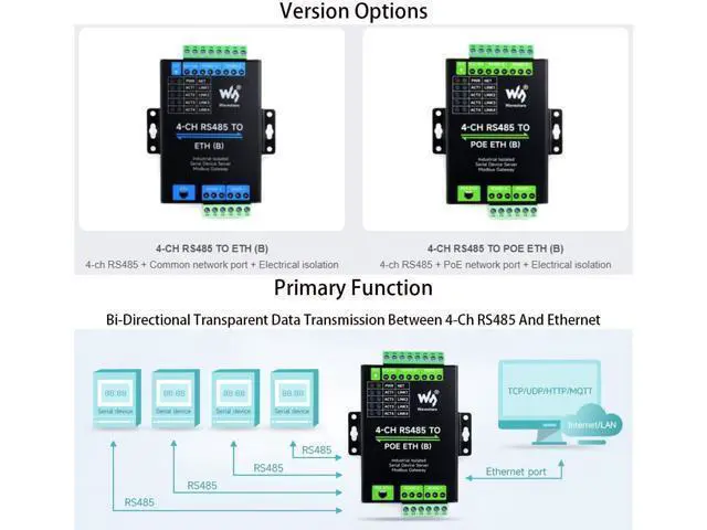 Alt view image 3 of 5 - Rail-Mount Industrial Isolated Serial Module 4-Ch RS485 to RJ45 Ethernet Serial Server Adapter, 4-CH Independent RS485, Support Modbus Gateway/MQTT/JSON, Bi-Directional Transparent Transmission