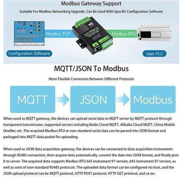 Alt view image 5 of 5 - Rail-Mount Industrial Isolated Serial Module 4-Ch RS485 to RJ45 Ethernet Serial Server Adapter, 4-CH Independent RS485, Support Modbus Gateway/MQTT/JSON, Bi-Directional Transparent Transmission