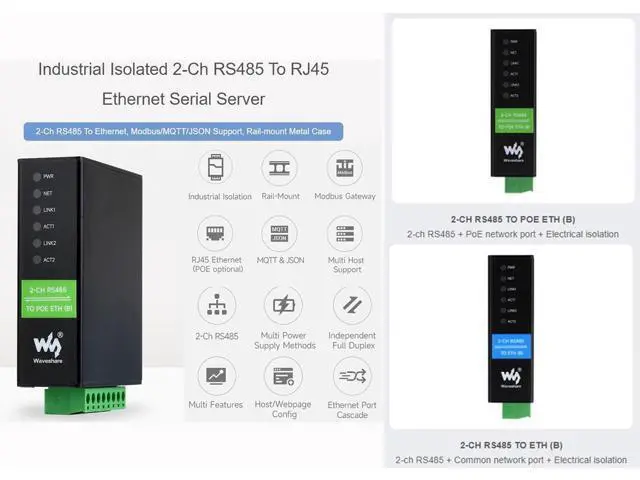 Alt view image 2 of 5 - waveshare 2-CH RS485 to RJ45 Ethernet Serial Server with PoE Function, IEEE 802.3af Compliant, Rail-Mount Industrial Isolated Serial Module, Bi-Directional Transparent Transmission