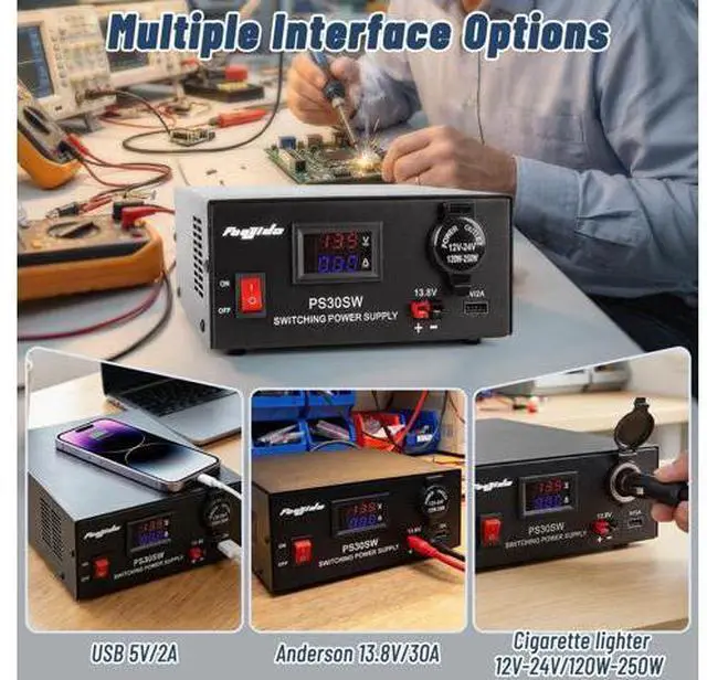 Alt view image 2 of 5 - DC Bench Power Supply 30A 13.8V, Universal Regulated Power Supply for Radio, USB+Anderson+Cigarette Lighter Socket Home Lab Benchtop AC-to-DC Converter for CB/HAM/Amateur Radio