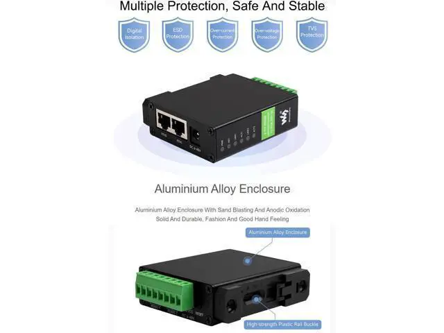 Alt view image 4 of 5 - waveshare 2-CH RS485 to RJ45 Ethernet Serial Server with PoE Function, IEEE 802.3af Compliant, Rail-Mount Industrial Isolated Serial Module, Bi-Directional Transparent Transmission