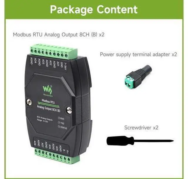 Alt view image 2 of 5 - Waveshare 2PCS Industrial 8-Ch Analog Output Module, 12-Bit DA Conversion, Supports 8-Ch Simultaneous Voltage Output, DC 7~36V Wide Voltage Power Supply, Modbus RTU Protocol, Rail-Mount Support