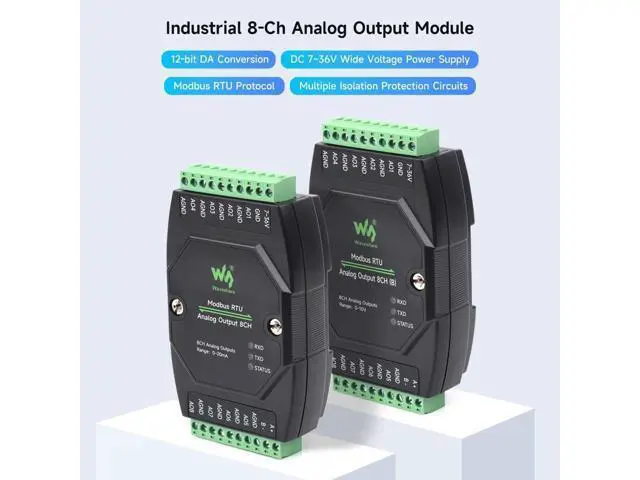 Alt view image 3 of 5 - Waveshare 2PCS Industrial 8-Ch Analog Output Module, 12-Bit DA Conversion, Supports 8-Ch Simultaneous Voltage Output, DC 7~36V Wide Voltage Power Supply, Modbus RTU Protocol, Rail-Mount Support