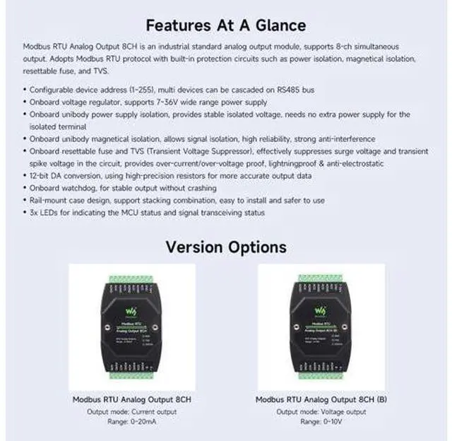 Alt view image 4 of 5 - Waveshare 2PCS Industrial 8-Ch Analog Output Module, 12-Bit DA Conversion, Supports 8-Ch Simultaneous Voltage Output, DC 7~36V Wide Voltage Power Supply, Modbus RTU Protocol, Rail-Mount Support