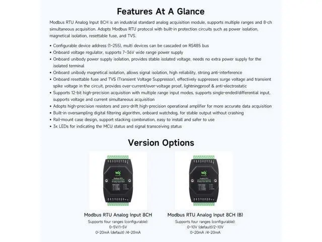 Alt view image 4 of 5 - Waveshare 2PCS Industrial 8-Ch Analog Acquisition Module, 12-Bit High-Precision, Supports Voltage and Current Acquisition, DC 7~36V Wide Voltage Power Supply, 8-ch Voltage Mode, 0~10V