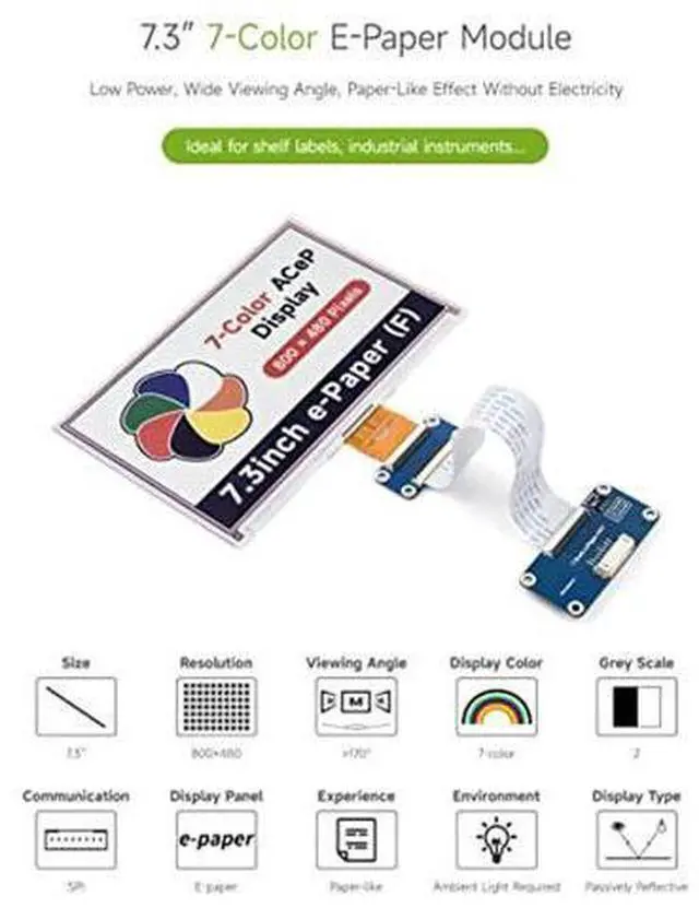 Alt view image 3 of 5 - Waveshare 7.3inch ACeP 7-Color E-Paper E-Ink Display Module, Compatible with Raspberry Pi 4B/3B+/3A+ /3B /2B/1B+/1A+/Zero 2 W/Zero W/Zero, 800x480 Pixels, SPI Communication