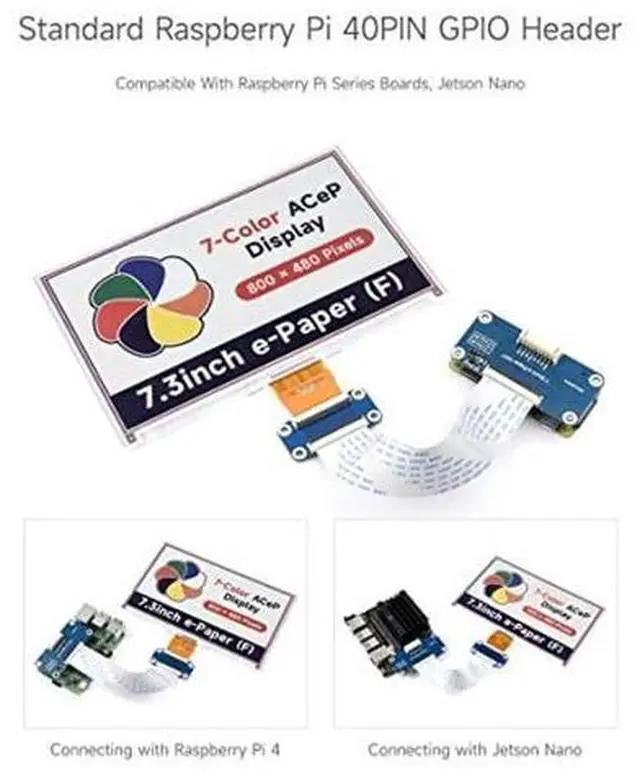 Alt view image 5 of 5 - Waveshare 7.3inch ACeP 7-Color E-Paper E-Ink Display Module, Compatible with Raspberry Pi 4B/3B+/3A+ /3B /2B/1B+/1A+/Zero 2 W/Zero W/Zero, 800x480 Pixels, SPI Communication