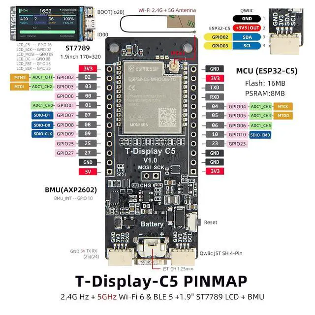 Alt view image 3 of 7 - T-Display C5 ESP32-C5 Dev Board 1.9-inch ST7789 IPS LCD | Dual-Band 2.4GHz & 5GHz Wi-Fi 6 Bluetooth IoT Module