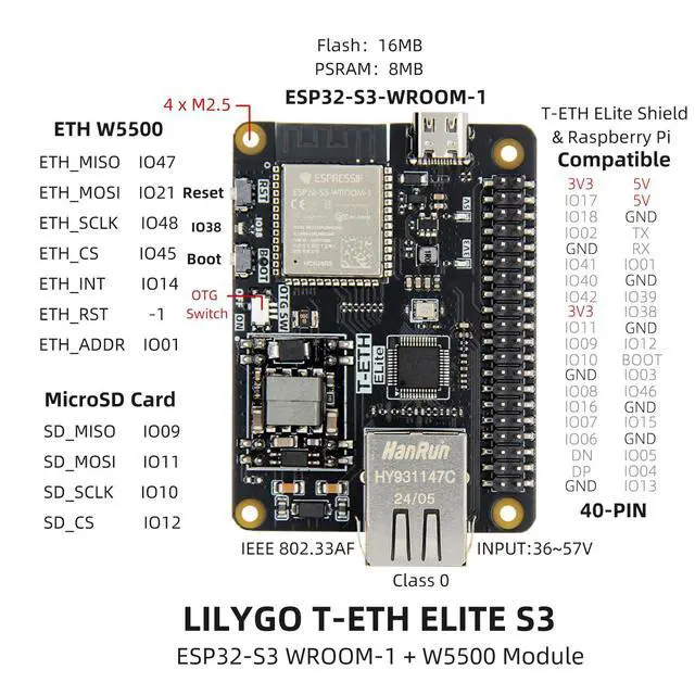 Alt view image 4 of 7 - T-ETH-Elite ESP32-S3 Development Board Microcontroller | 2.4GHz Wi-Fi & Bluetooth 5 BLE IoT Electronic Module ESP32 S3 Kit
