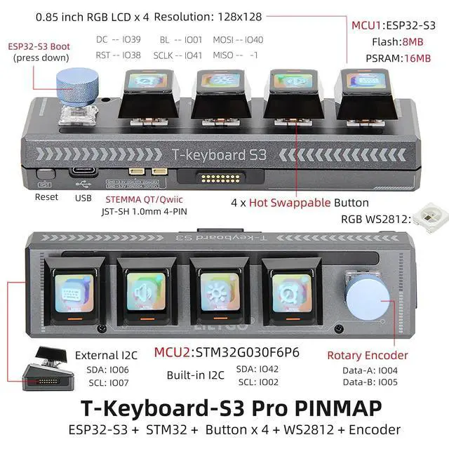 Alt view image 3 of 7 - T-Keyboard S3 Pro ESP32-S3R8 Wireless Keyboard Development Board | with 4*0.85 inch All View TFT LCD TTGO Expansion Board