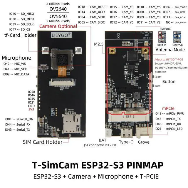 Alt view image 6 of 7 - T-SIMCAM OV2640 ESP32-S3 Development Board Microcontroller | IoT Electronic Wi-Fi & Bluetooth 5 BLE ESP32 S3 Kit Compatible with Cellular Modem Modules