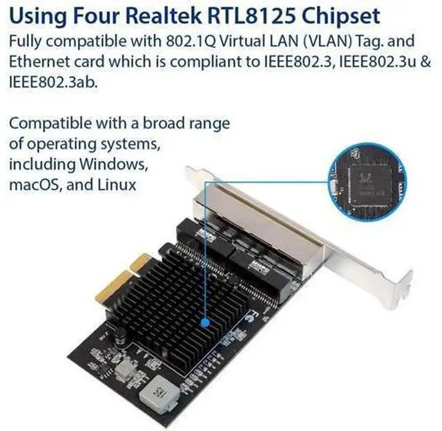 Alt view image 3 of 6 - Quad 2.5 Gigabit Ethernet PCI Express PCI-E Network Interface Card 10/100/1000/25000 Mbps RJ45 LAN Realtek RTL8125 Chipset, Black (SI-PEX24077)