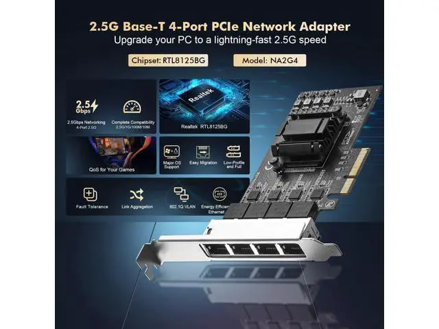 Alt view image 5 of 6 - 4 Ports 2.5G PCIe Network Card, RTL8125B LAN Controller, 2500/1000/100Mbps RJ45 Ethernet NIC Adapter, Support PXE for Windows/Linux