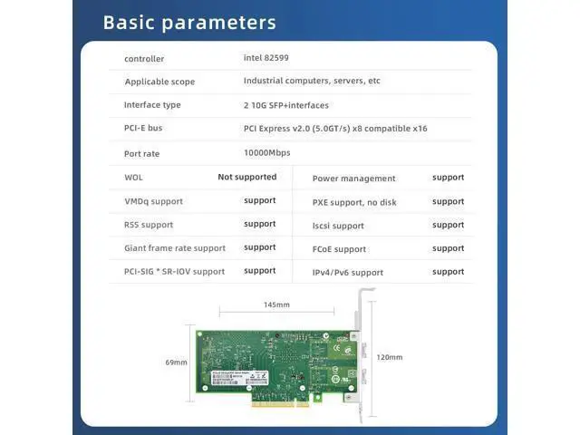 Alt view image 3 of 5 - Buacoz PCI-E X8 10G Dual SFP+ Port Fiber Optic Network Card, X520-DA2 with Intel 82599 Chip Ethernet Adapter Server E10G42BF Support Windows Server/Linux/VMware