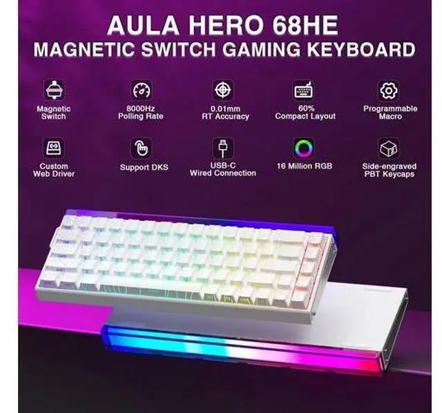 Alt view image 2 of 7 - AULA Hero 68 HE 60% Gaming Keyboard Wired, Hall Effect Magnetic Switch Keyboard with 8K Hz Polling Rate, Side Printed PBT Keycaps, RGB Backlit Light Box, Customizable Web Software for PC/Mac Gamers