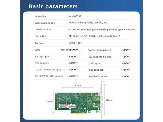 Alt view image 3 of 5 - Buacoz 10Gb PCI-E X8 Dual SFP+ Port Fiber Fiber Optic Network Card,(with 2 Piece Single Mode Optical Module) with Intel 82599 Chip - X520-LR2 Ethernet Server Adapter Support Windows/Linux/VMware