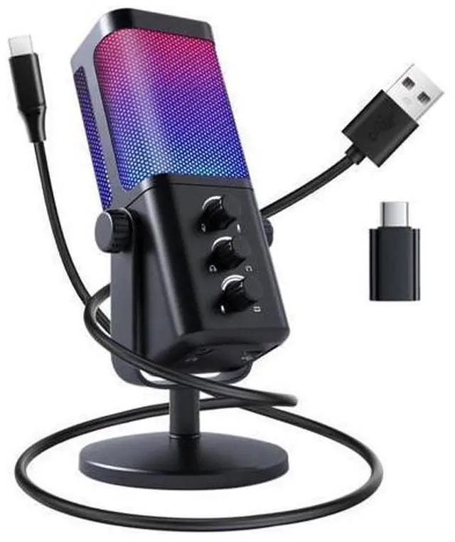 Main image of VAREQOY USB Microphone for PC, RGB Gaming Microphone with Mute Button, Gain Control, Monitoring Headphone 3.5mm Jack, PC Mic for Gaming, Streaming, Podcast, VoiceOver, Recording