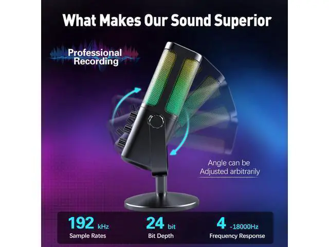 Alt view image 2 of 7 - VAREQOY USB Microphone for PC, RGB Gaming Microphone with Mute Button, Gain Control, Monitoring Headphone 3.5mm Jack, PC Mic for Gaming, Streaming, Podcast, VoiceOver, Recording