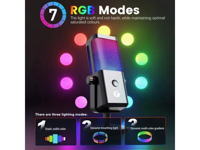 Alt view image 4 of 7 - VAREQOY USB Microphone for PC, RGB Gaming Microphone with Mute Button, Gain Control, Monitoring Headphone 3.5mm Jack, PC Mic for Gaming, Streaming, Podcast, VoiceOver, Recording