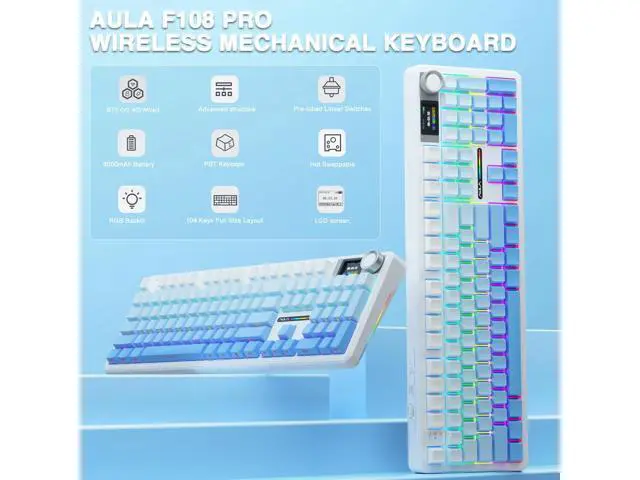 Alt view image 2 of 7 - AULA F108 PRO - Wireless Mechanical Keyboard with Screen&Knob,Hot Swappable Gaming Keyboard with 8000mAh Battery,Pre-lubed Switches,RGB Backlit,PBT Keycaps Creamy Sounding Computer Keyboards,104 Keys