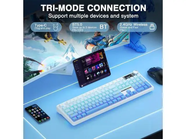 Alt view image 4 of 7 - AULA F108 PRO - Wireless Mechanical Keyboard with Screen&Knob,Hot Swappable Gaming Keyboard with 8000mAh Battery,Pre-lubed Switches,RGB Backlit,PBT Keycaps Creamy Sounding Computer Keyboards,104 Keys