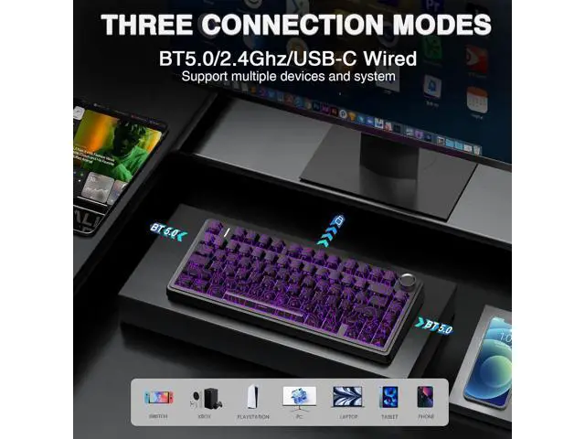 Alt view image 3 of 7 - F75 Pro Wireless Mechanical Keyboard with Knob,75% Hot Swappable Custom Gaming Keyboards,RGB Backlit,Pre-lubed Switches,Side Printed PBT Keycaps Creamy Sounding Computer Keyboard, Line Black