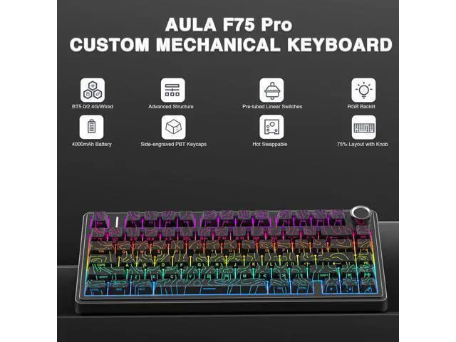 Alt view image 2 of 7 - F75 Pro Wireless Mechanical Keyboard with Knob,75% Hot Swappable Custom Gaming Keyboards,RGB Backlit,Pre-lubed Switches,Side Printed PBT Keycaps Creamy Sounding Computer Keyboard, Line Black
