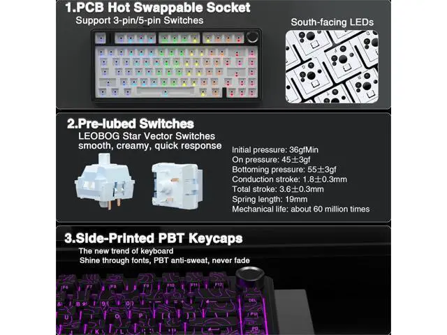 Alt view image 5 of 7 - F75 Pro Wireless Mechanical Keyboard with Knob,75% Hot Swappable Custom Gaming Keyboards,RGB Backlit,Pre-lubed Switches,Side Printed PBT Keycaps Creamy Sounding Computer Keyboard, Line Black