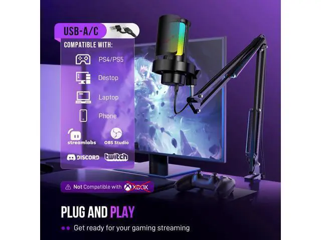 Alt view image 5 of 7 - Deuninker USB Gaming Microphone Kit, PC Streaming Mic with RGB Lights, Mute, Gain Knob, Metal Boom Arm for Recording Podcast, Condenser Computer Microphone Set Compatible with PS4/PS5-AmpliGame A8T