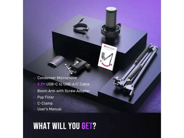 Alt view image 7 of 7 - Deuninker USB Gaming Microphone Kit, PC Streaming Mic with RGB Lights, Mute, Gain Knob, Metal Boom Arm for Recording Podcast, Condenser Computer Microphone Set Compatible with PS4/PS5-AmpliGame A8T