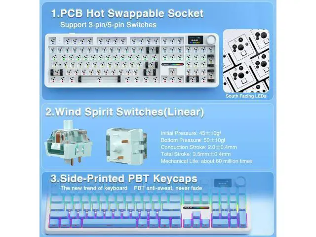 Alt view image 5 of 7 - AULA F108 PRO - Wireless Mechanical Keyboard with Screen&Knob,Hot Swappable Gaming Keyboard with 8000mAh Battery,Pre-lubed Switches,RGB Backlit,PBT Keycaps Creamy Sounding Computer Keyboards,104 Keys